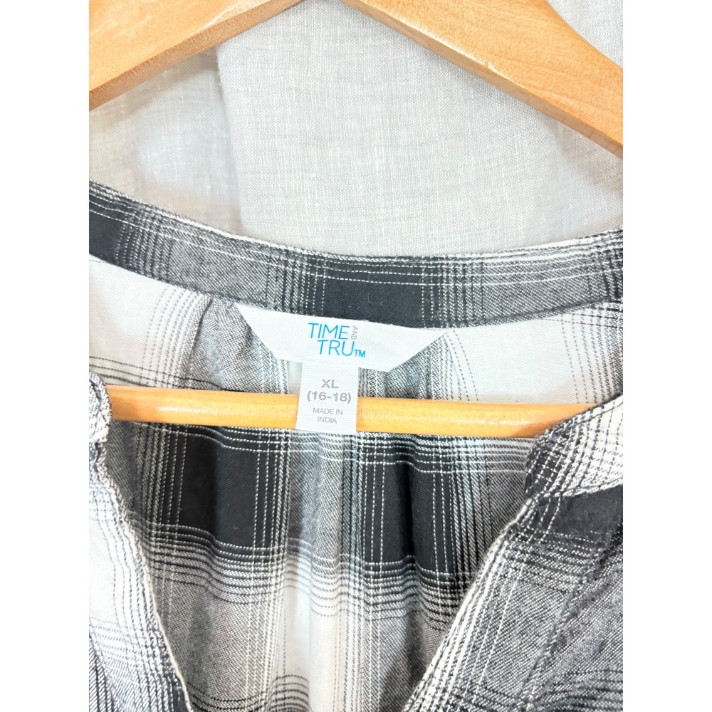 Time and Tru Womens XL Black White Plaid Tiered Button Front Mini Dress - Picture 2 of 7